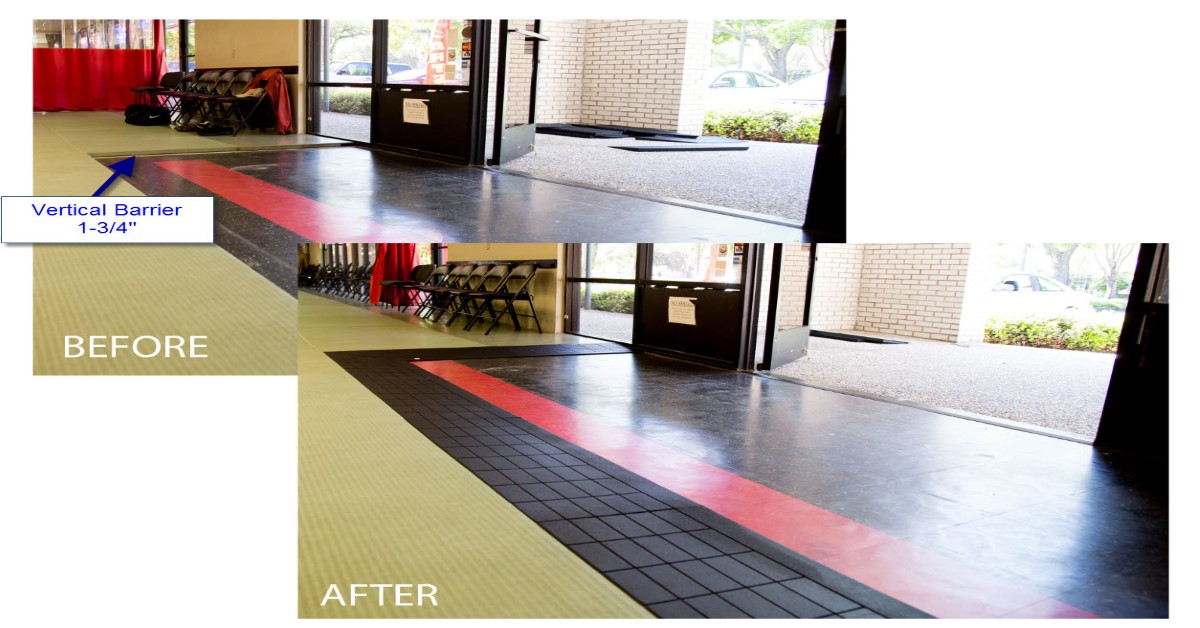 Gym mats with ramps that reduce the vertical barrier to make them ADA compliant